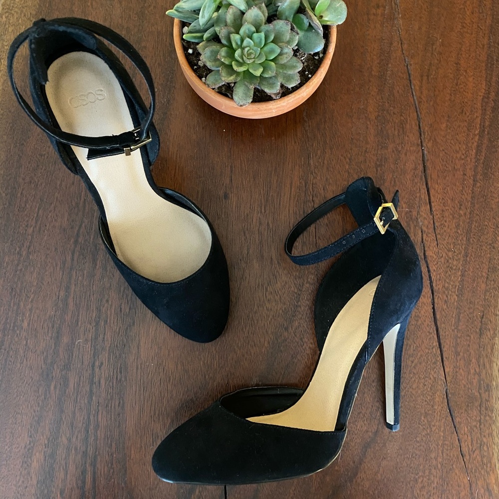 NWOT ASOS Black Suede Heels with Ankle Strap